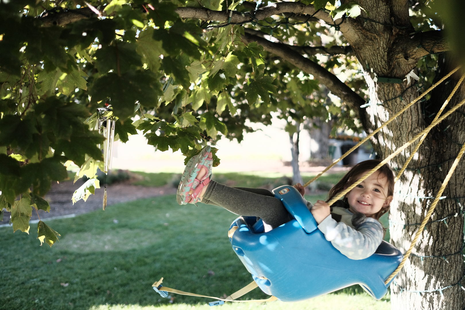A cute little girl in a swing smiles at the camera.